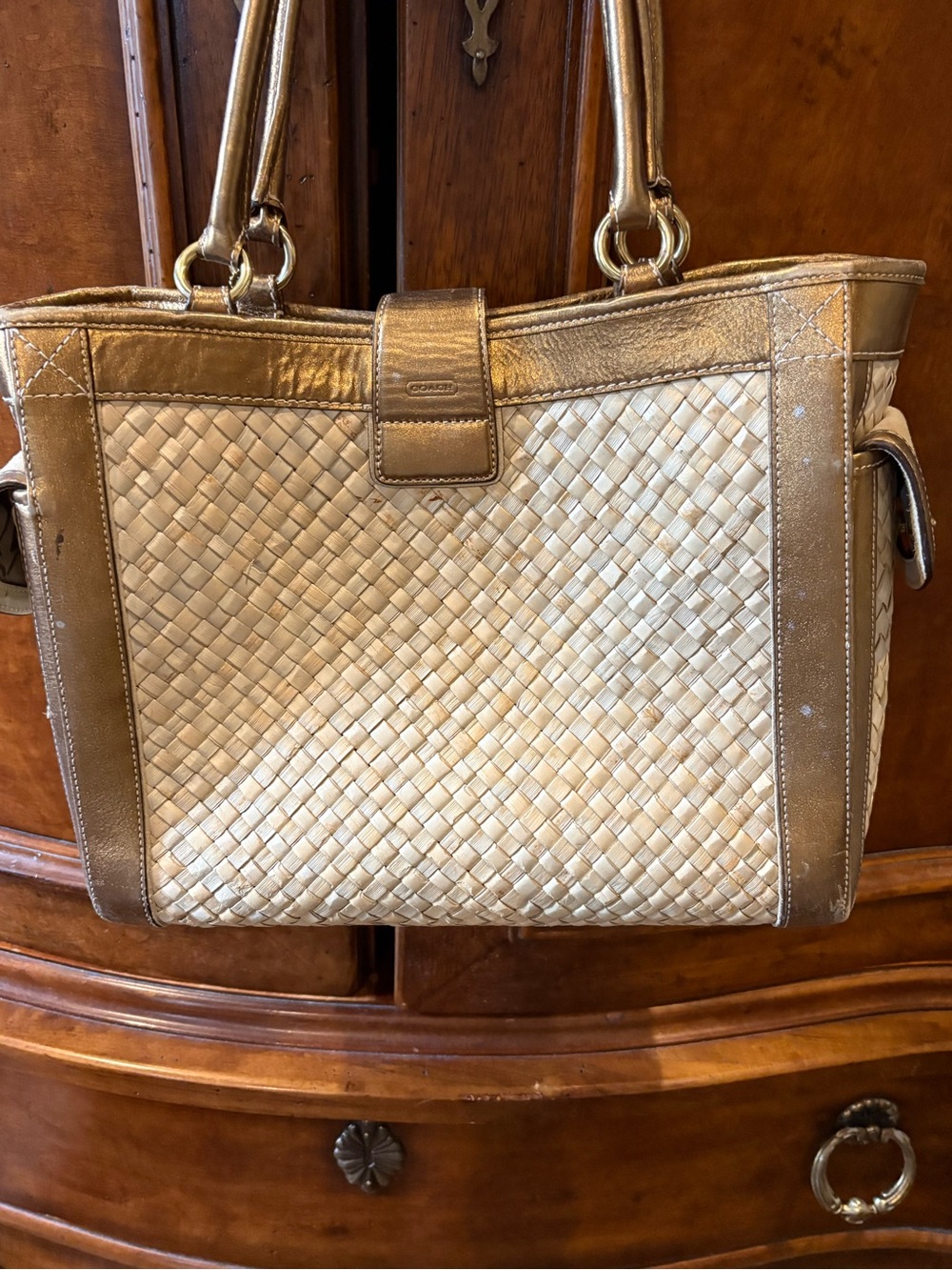 Coach Cream Woven Tote with Metallic Gold Trim - Picture 2 of 6